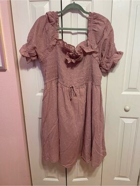 Women’s  plus size Pink Ruffle Neck Puff Sleeve Dress